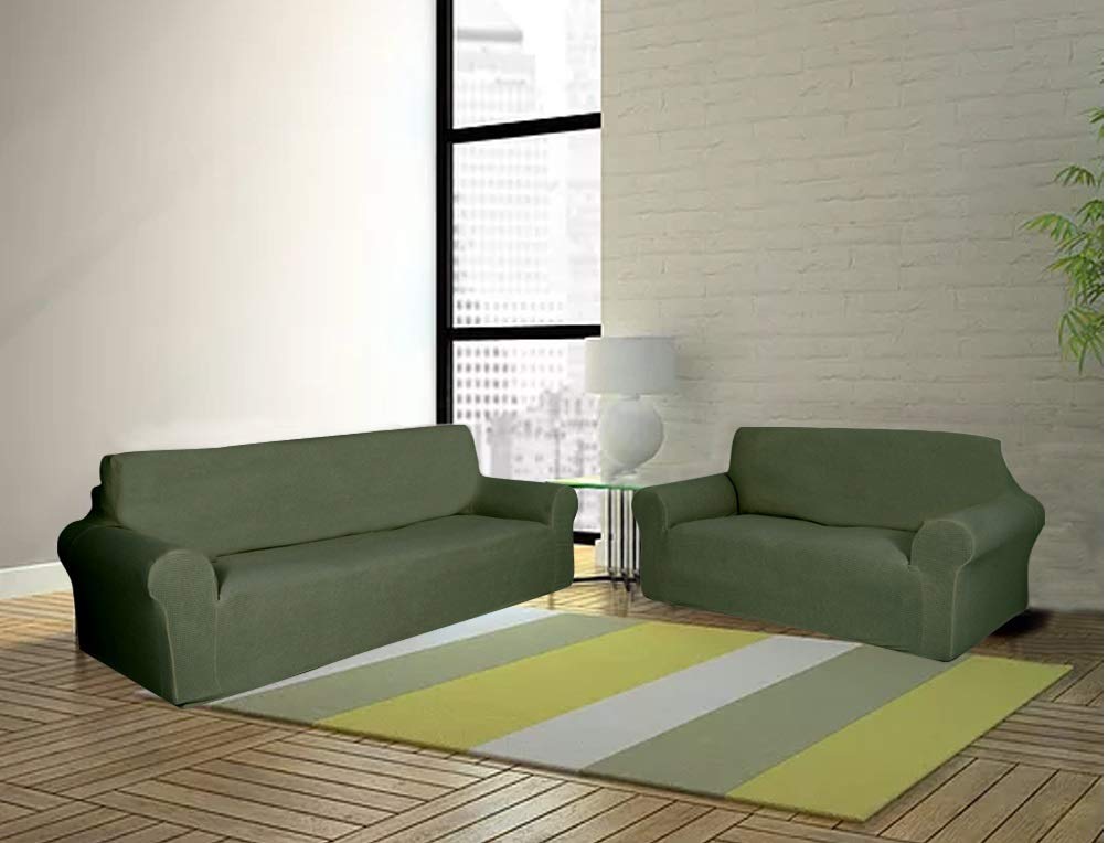 Sapphire Home 2-Piece Sofa and Loveseat Slipcovers, Couch and Loveseat Covers Set, Form fit Stretch, Wrinkle Free, Furniture Protector, Premium Brushed Sofa Covers for Living Room (Green)