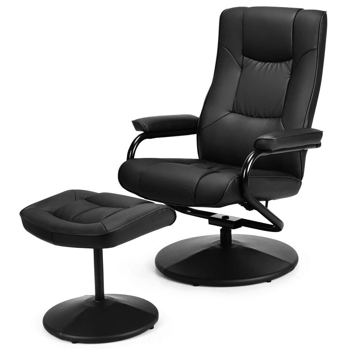 WATERJOY Swivel Recliner Chair, PU Leather Lounge Armchair Recliner, 360 Degree Swivel Overstuffed Padded Seat Chair with Footrest Stool Ottoman Set for Office Living Room Black