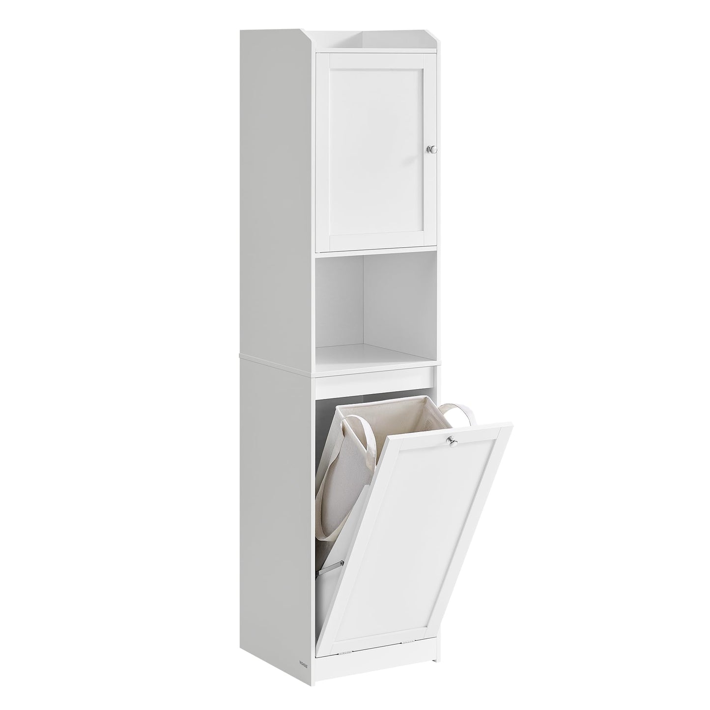VASAGLE Tall Storage Cabinet, Storage Unit with Removable Laundry Basket, Compartment and Cabinet, for Bathroom, Living Room, 15.8 x 15.8 x 66.9 Inches, Cloud White UBBC761W01