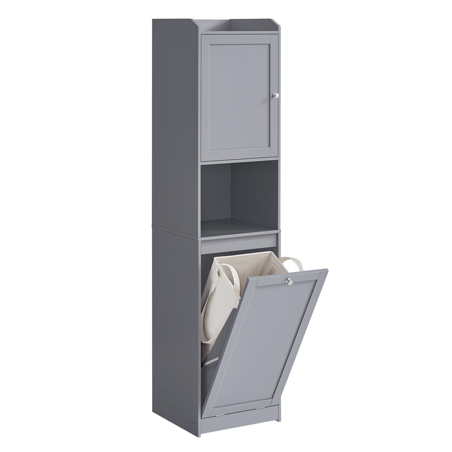 VASAGLE Tall Storage Cabinet, Storage Unit with Removable Laundry Basket, Compartment and Cabinet, for Bathroom, Living Room, 15.8 x 15.8 x 66.9 Inches, Dove Gray UBBC761G02