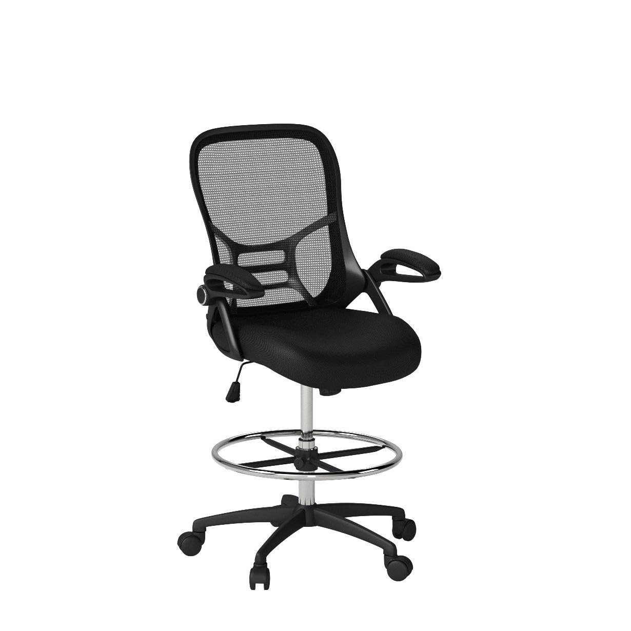 HYLONE Drafting Chair Tall Office Chair High-Back Mesh Standing Desk Stool with Adjustable Footrest Ring and Flip-Up Arms Black