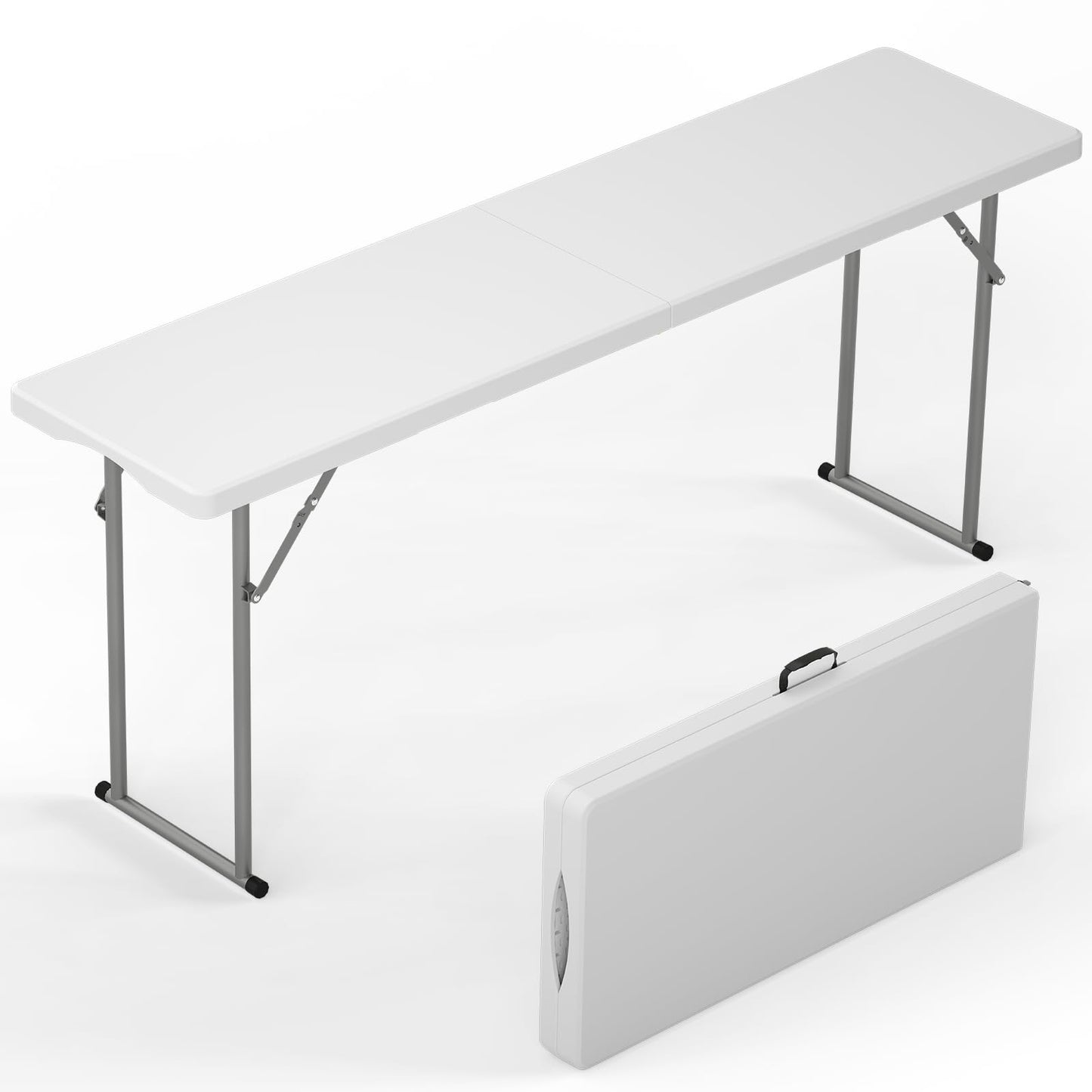 HLPB 6 FT Narrow Folding Table, Tabletop Fold-in-Half, Thickened HDPE Material and Thicker Metal Frame, Foldable with Handle & Safety Locks, Perfect for Meeting, Party, White