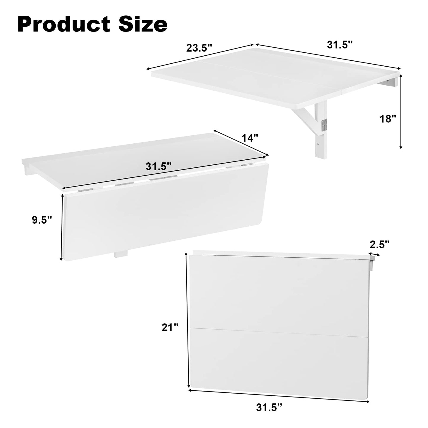 COSTWAY Wall Mounted Folding Table, 31.5" x 23.5" Drop-Leaf Floating Writing Desk for Small Spaces, Space-Saving Fold Down Laptop Workstation for Kitchen, Bedroom, Laundry Room, Study Room (White)