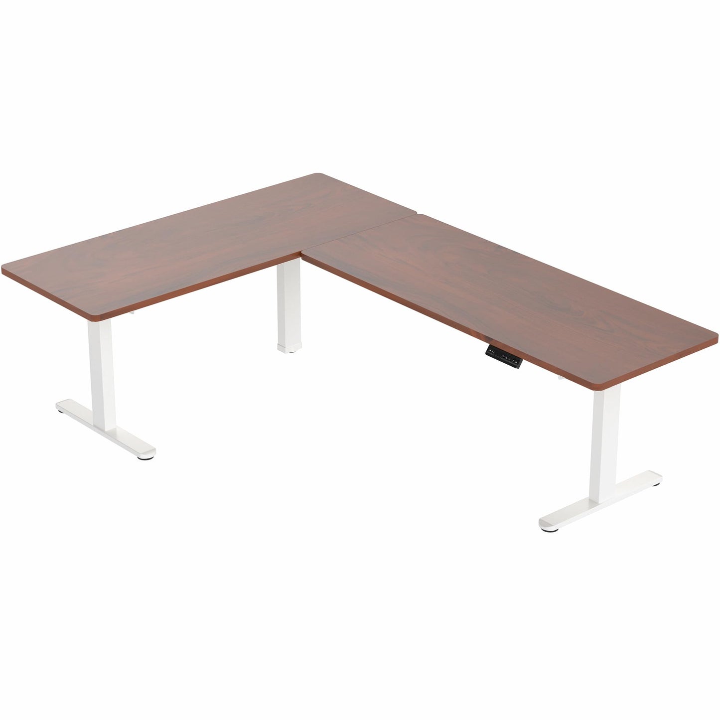 VIVO Electric Height Adjustable 83 x 60 inch Corner Stand Up Desk, 2 Dark Walnut Solid Table Tops, White Frame, Memory Controller, L-Shaped Workstation, 3E Series, DESK-KIT-3E8WD