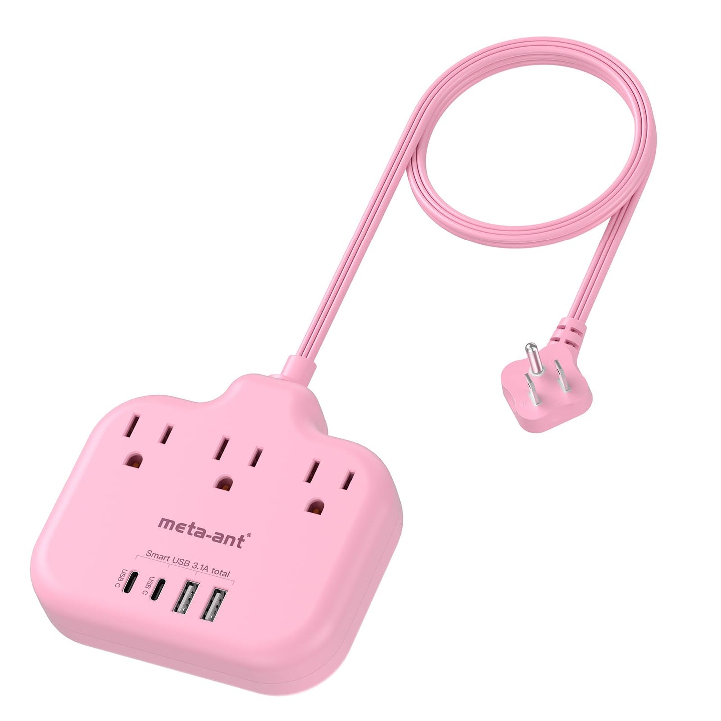 Pink Extension Cord with 3 AC Outlets & 4 USB Ports (2 USB-C), Pink Desk Accessories, 1625W Cute Extension Cord for Travel Curise Kawaii Desk Office Bedroom Accessories