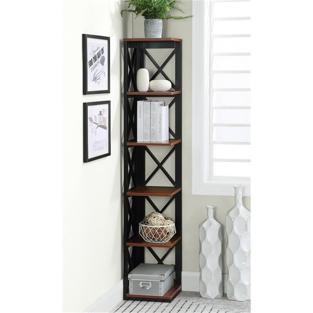 Convenience Concepts Oxford Corner Bookcase 12" - 5-Tier Slim Farmhouse Bookcase for Modern Living & Family Room, Media Storage Organizer for Home Office Library, Tall Shelving Unit, Cherry/Black