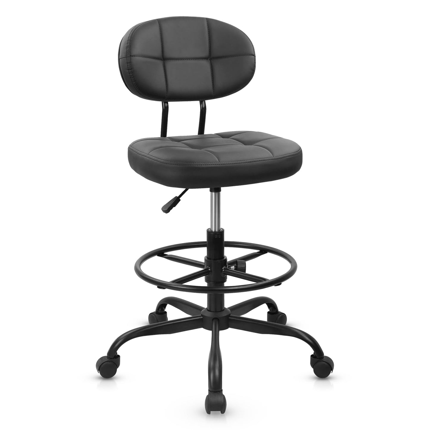 KLASIKA Drafting Stool with Backrest, Tall Adjustable Height Office Chair, PU Leather Swivel Rolling Stool with Footrest & Wheels for Standing Desk, Bar, Salon, Spa, Lab, Counter, Home, Black，1PK