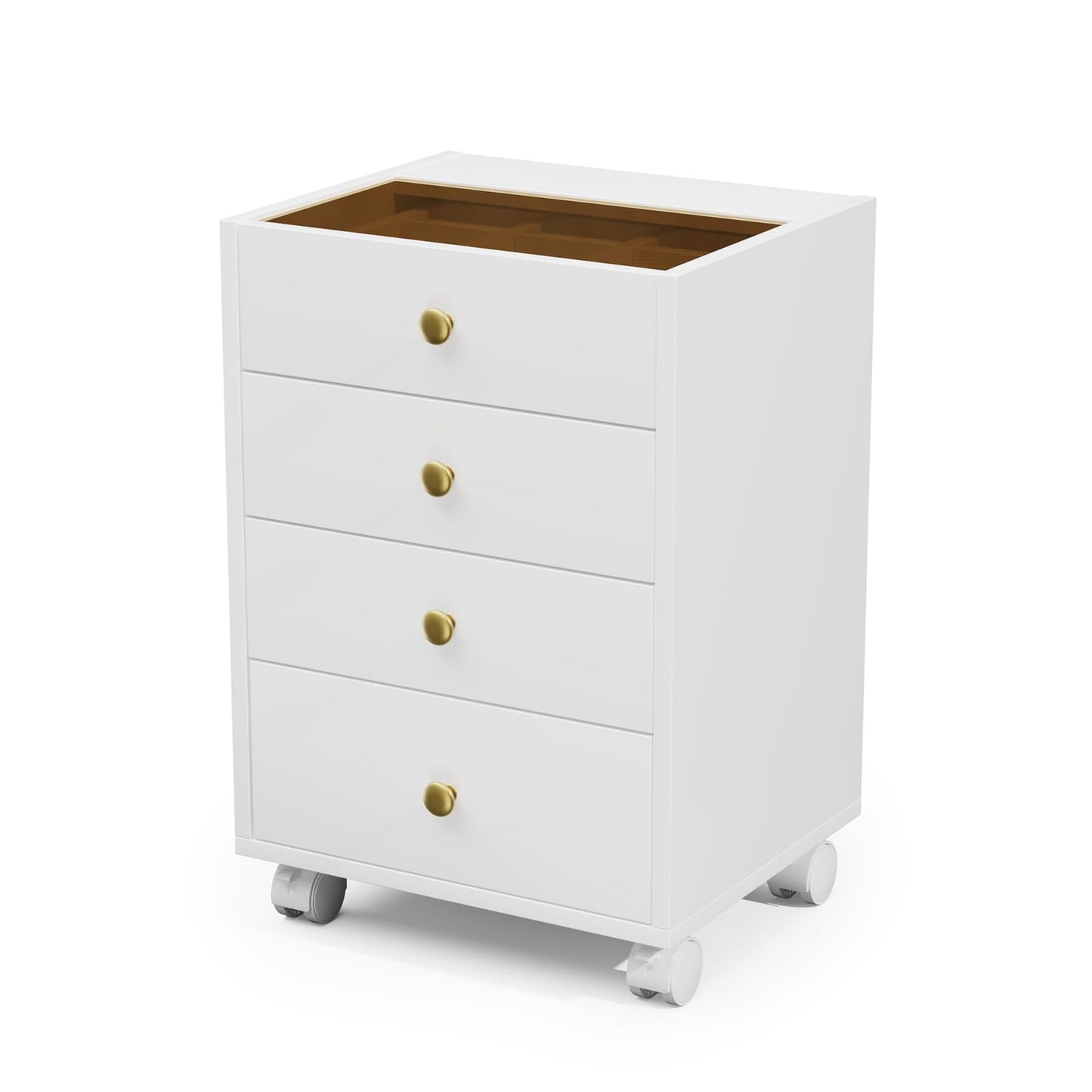 JanlyHome Under Desk Storage, 4 Drawer Small File Cabinet, Chest of Drawer with Glass Top, Mobile Printer Stand with Lockable Wheels for Home Office Study, White