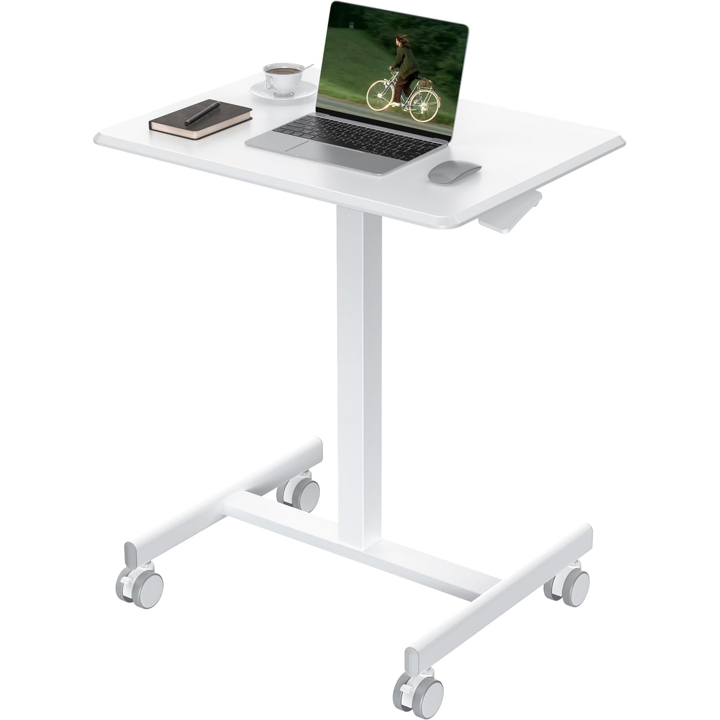 OLIXIS Small Standing Desk with Locking Wheels, Mobile Portable Rolling Laptop PC Table, Adjustable Height Computer Workstation for Home Office, 19 Inch, White