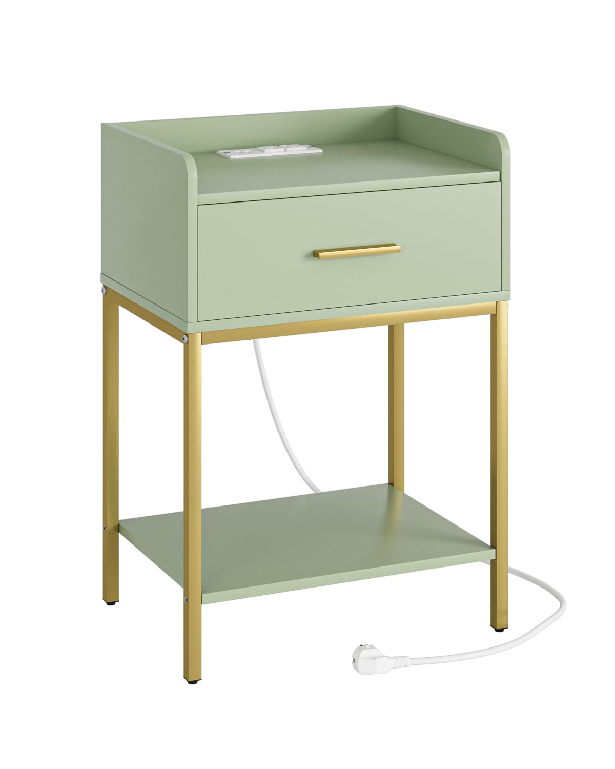 Apetaccat Nightstand with Charging Station,3-Tier Modern Bedside Table Night Stand with Storage Drawer and Open Shelf,Small End Side Table for Bedroom,Living Room,Green