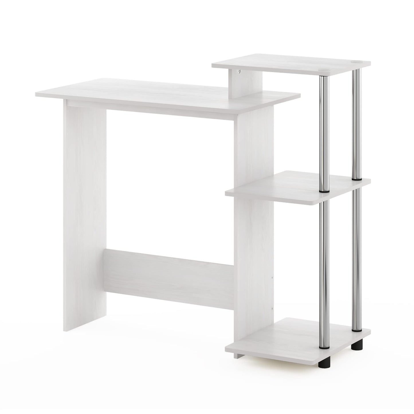 Furinno EFFICIENT Desk, 28.6" Wide Gaming Desk with 3 Open Side Shelves, Laptop Notebook Computer Desk, Office Desk for Home Office, Study Room, Dorm, Bedroom, White Oak/Stainless Steel