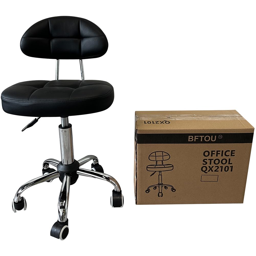 BFTOU Black Square Minimalist Swivel Stool with Wheel for Work SPA Shop Massage Height-Adjustable and Cost-Effective Rolling Stool Chair with Back