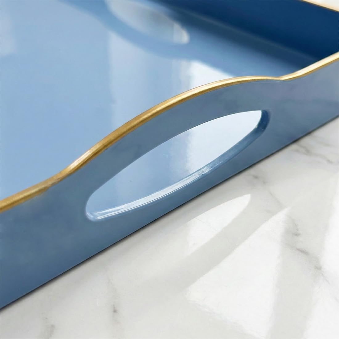 Umisriro Blue Serving Tray with 4 Handles, Plastic Decorative Tray for Coffee Table, Ottoman - Ideal for Living Room & Bathroom. 15” x 11” x 1.9”
