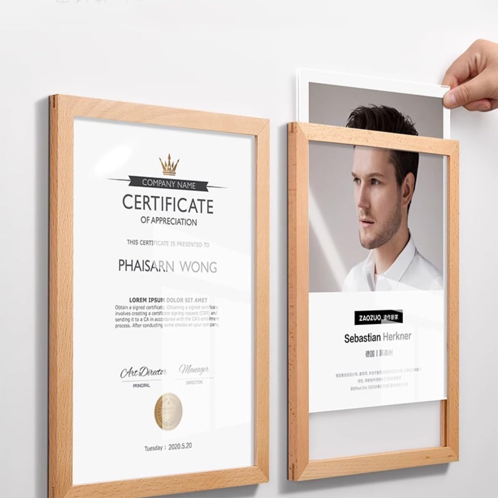 ECKEK Wall Mount Acrylic Sign Holder Self Adhesive Magnetic Display Frame Clear Document Frame for Office, Store, School, Home, Wall Picture Frame (Beech A4 210×297mm/8.27×11.69inches)