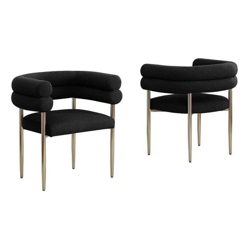 Modern Double Bolster Dining Chairs Set of 2, Teddy Upholstered Tub Chairs with Gold Base, Mid-Century Accent Chairs for Dining Room, Living Room, & Office (Black Teddy/Gold)
