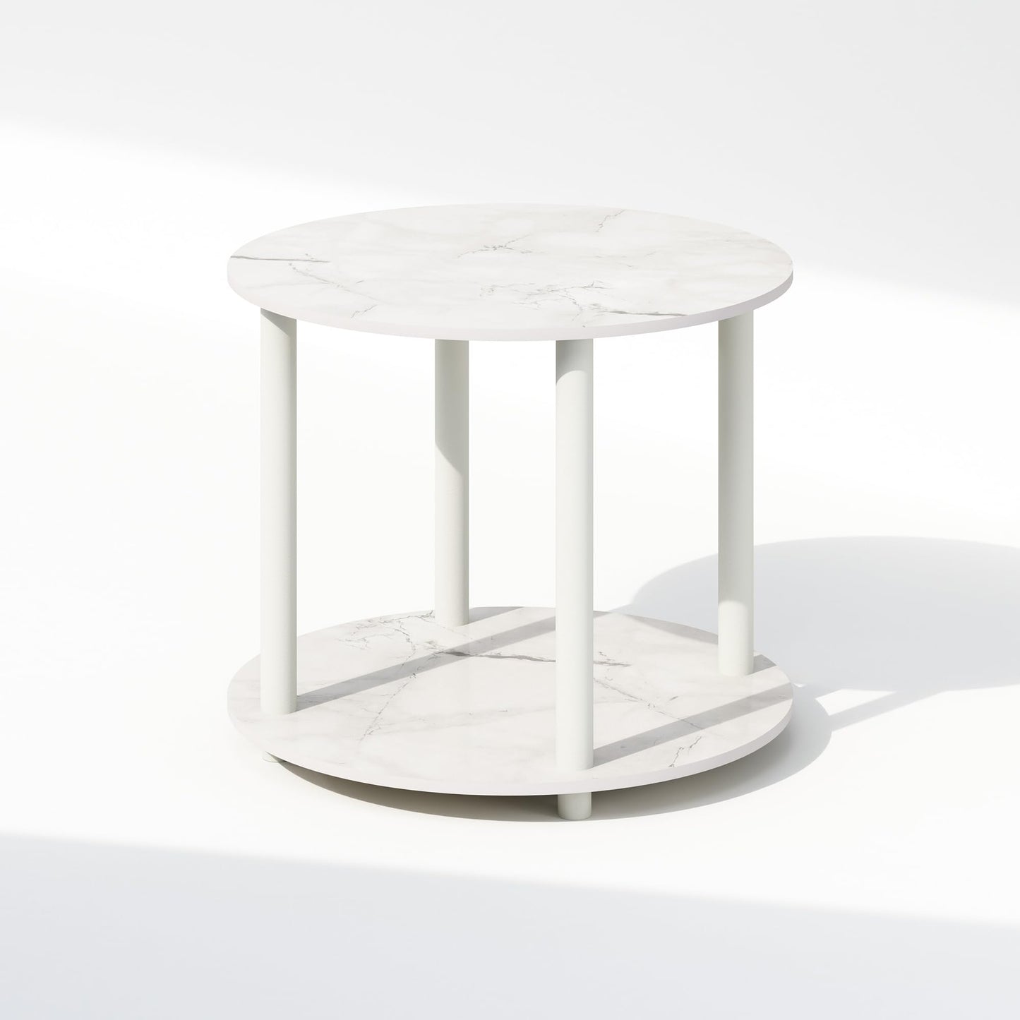Furinno Turn-N-Tube Side Table, 2-Tier Round End Table with Open Shelf, Night Stand, Bedside Table, Toolless Assembly, for Living Room, Bedroom, Marble White