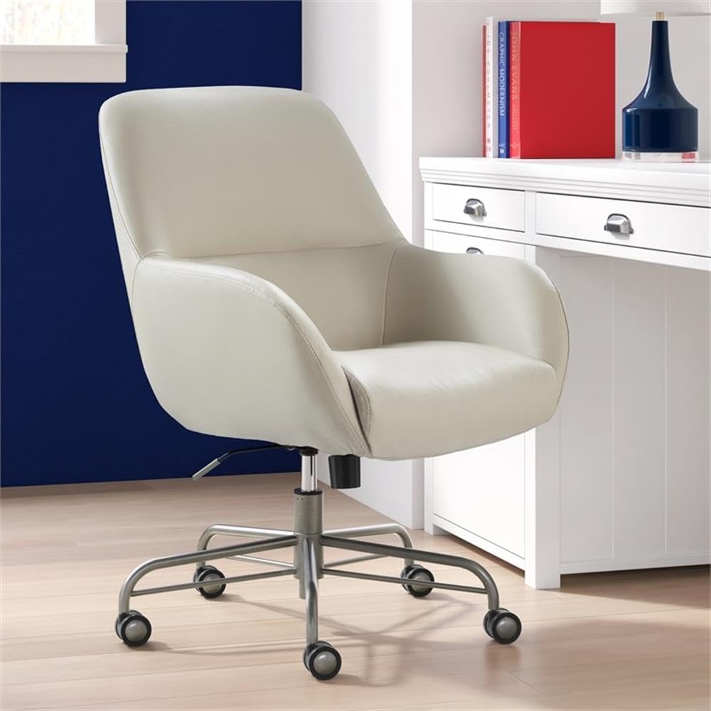 Tommy Hilfiger Forester Luxury Bonded Leather Home Office Chair, Modern Round Swivel Accent Seating with Arms, Adjustable Height and Recline, Cream