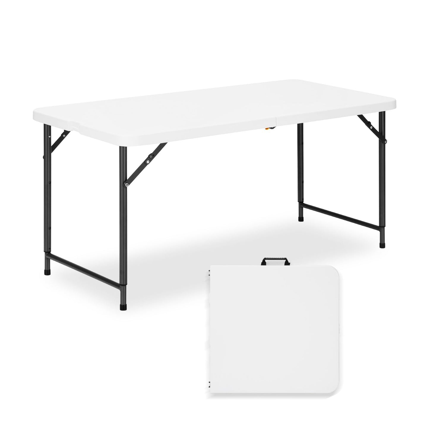 GlowitLian 4ft Folding Table with Adjustable Height, 3-Level Foldable Table with HDPE Top & Steel Legs, Portable 4 Foot Folding Table for Picnic, Party, Craft, Indoor Outdoor Use, White