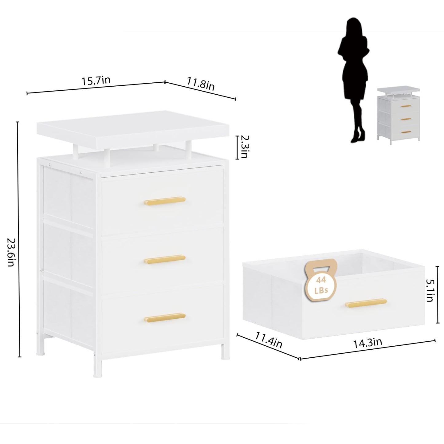 DreamDashio Nightstand with LED Lights, 3 Fabric Storage Drawers, Bedside Table with Floating Wood Top & PU Leather Fronts, Compact Modern End Table for Bedroom, Living Room or Dorm, White