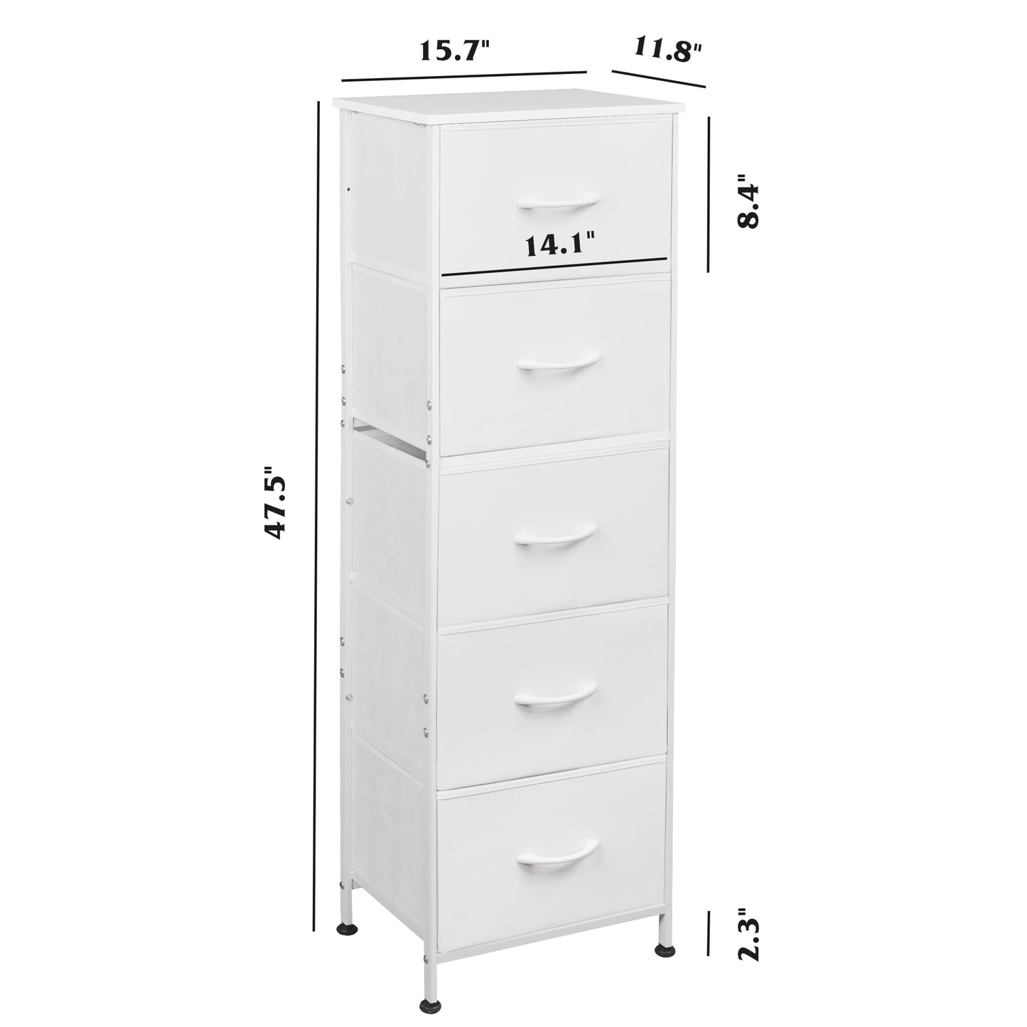 WLIVE Fabric Dresser, 5-Drawer Tall Dressers for Bedroom, Storage Dresser Organizer with Fabric Bins, Wood Top, Sturdy Steel Frame, Chest of Drawers for Closet, Hallway, White