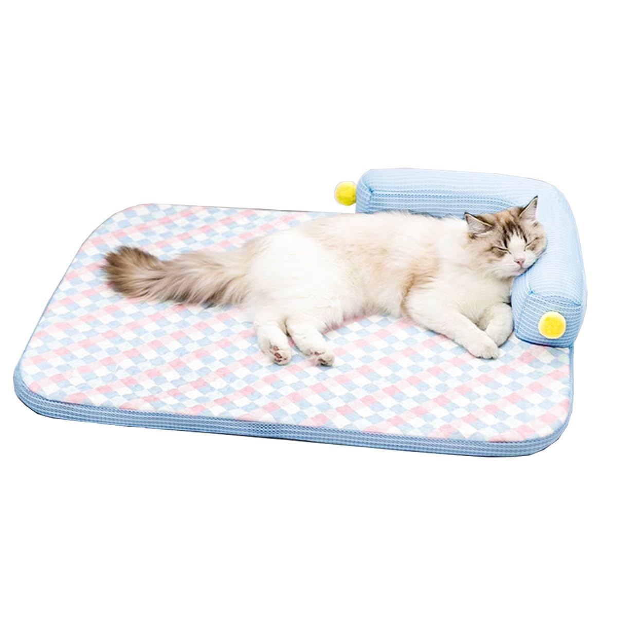 Zabplox Cooling Cat Bed with Pillow – L-Shaped Sofa Design, Breathable Summer Mat for Kittens & Cats, Machine-Washable Cushion Calming Bed for Persian, Siamese, Small Pets (Blue, 21"x15"x4")