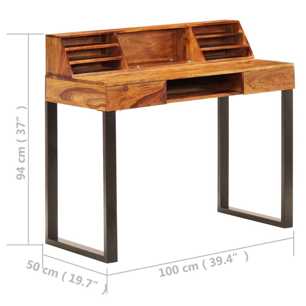KHNLGFR Solid Acacia Wood Desk with 2 Drawers, Bookshelves and Keyboard Shelf, 43.3"x19.7"x37" Writing Computer Desk with Steel Legs for Home Office