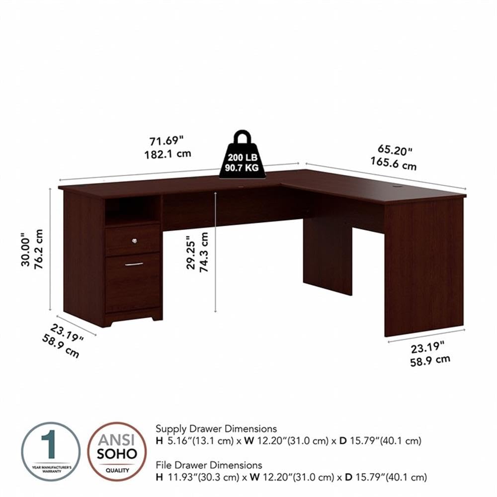 Bush Home Cabot 72W L Shaped Computer Desk with Drawers in Harvest Cherry