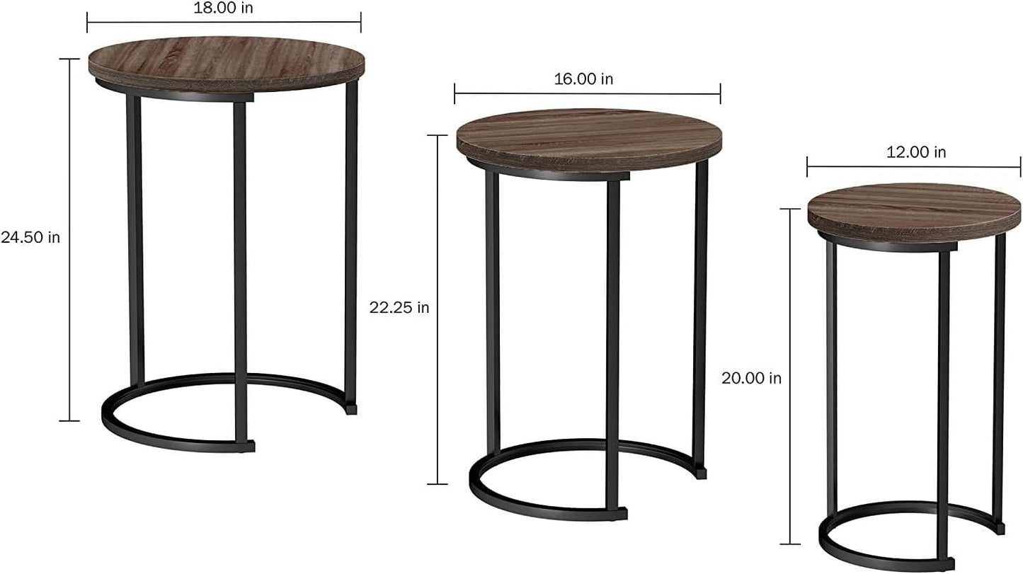 HYGRAD BUILT TO SURVIVE Set of 3 Round Wooden/Steel Nesting Side Stacking Sofa Side Coffee Tables, Small Space Coffee Tea Table for Hallway Living Room Bedroom, Home, Office (Brown/Black)