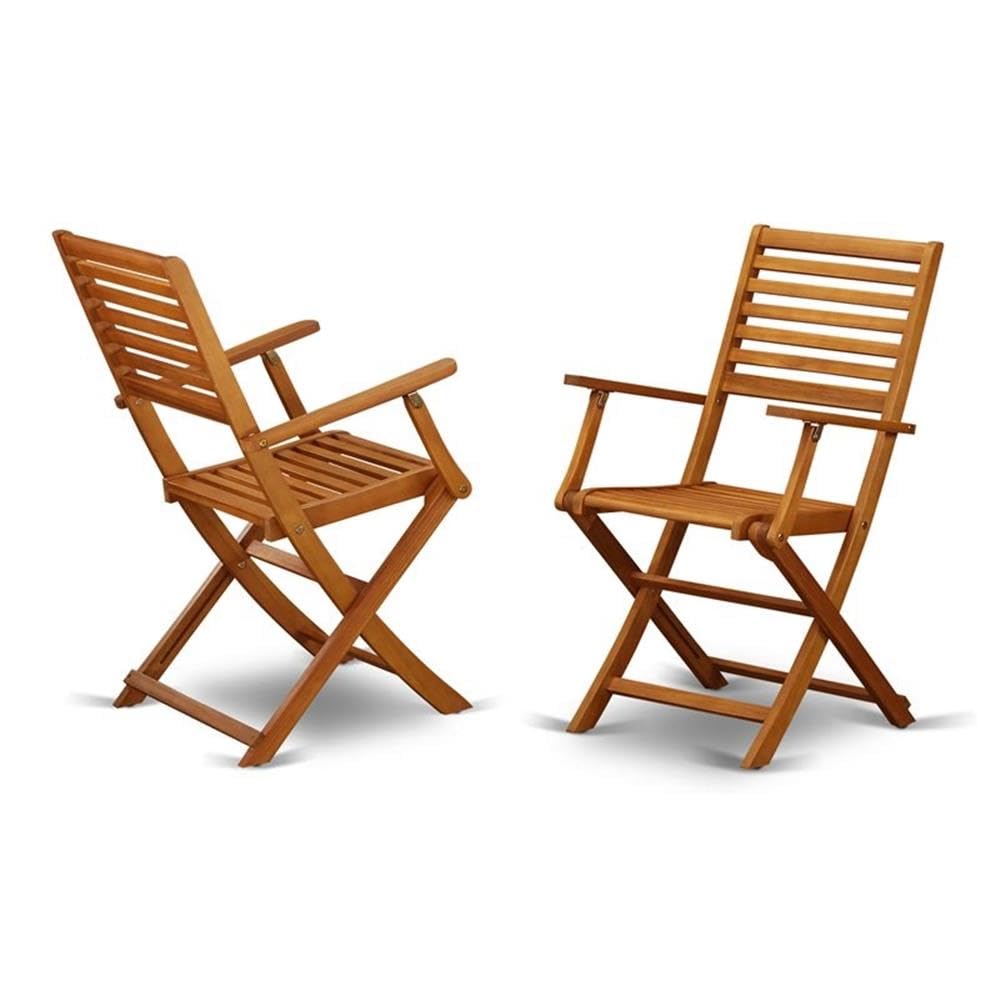 East West Furniture BBSCANA Beasley Folding Patio Dining Chairs With Arm Rest - Acacia Wood, Set of 2, Natural Oil