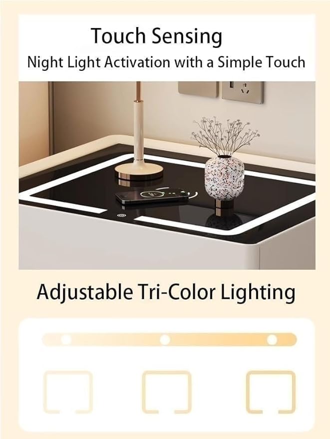 Modern Smart Nightstand with Wireless Charging with LED Sensor Light, Smart