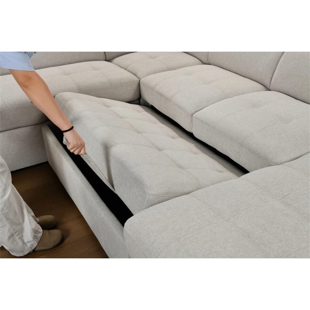 DUYHBAWRS 125" U Shaped 7-seat Sectional Sofa Couch with Adjustable Headrest, Bed with Storage Chaise-Pull Out