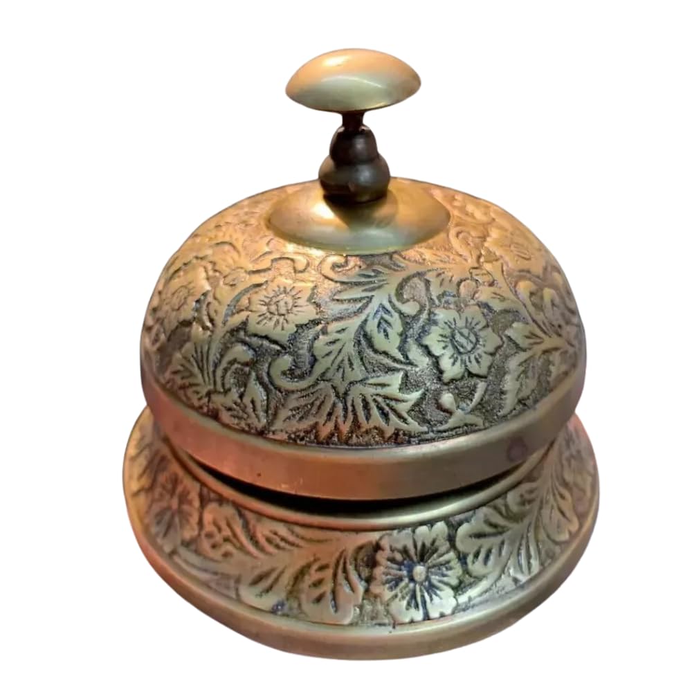 Vintage Style Brass Service Bell, Ornate Floral Pattern, Hotel Reception Counter Desk Bell, Antique Bronze Finish