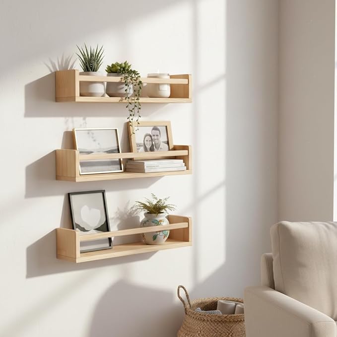 AZSKY 24 Inch Natural Pine Wood Floating Shelves, Nursery Book Shelves