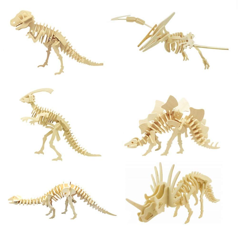 3D Wooden Dinosaur Puzzle - 6 Piece Set Wood Dinosaur Skeleton Model Puzzle - DIY Wooden Crafts 3D Puzzle - STEM Toys Brain Teaser Puzzle Gifts