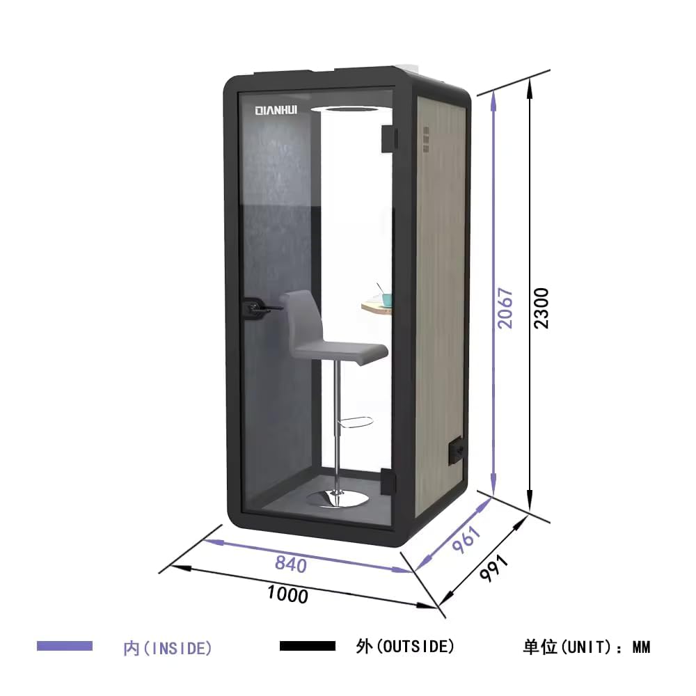 Electric Height Adjustable Office Pod Booth, Mobile Sound Proof Booth, Sound Pod with Wheels and Feet, Build-in Table Top, LED Lighting System, AC, USB Ports (White, W 40 x D 39 x H 91 Inch)