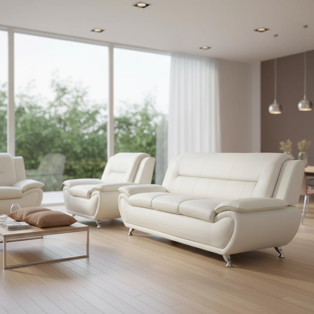 Trygoal 3-Piece Living Room Furniture, Modern White Faux Leather Sofa Set with Sturdy Metal Legs, (3-Seat Sofa + Loveseat + Armchair), Easy Assembly