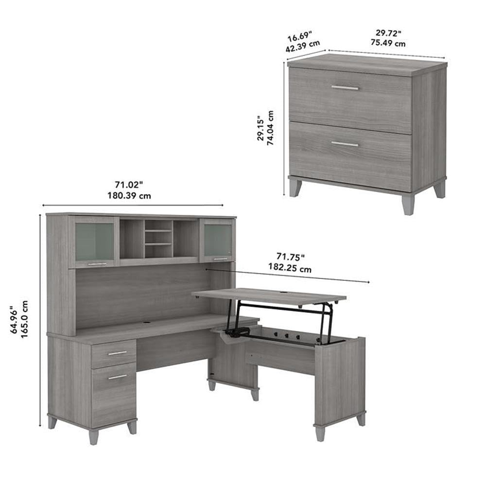 Bush Home Somerset 72W 3 Position Sit to Stand L Shaped Desk with Hutch and File Cabinet in Platinum Gray