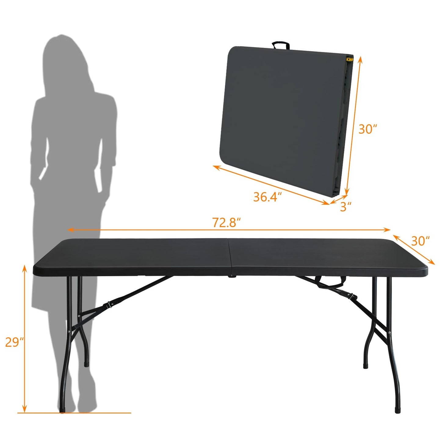 SculPong 6 FT Folding Table with Carry Handle, Portable Fold-in-Half Plastic Table, Rectangle Foldable Table for Indoor/Outdoor Black