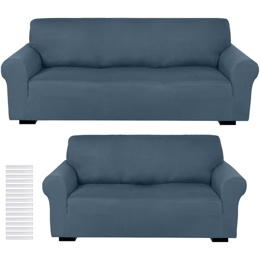 Peryiter 2 Pcs Sofa Covers Couch and Loveseat Covers Set Stretch Sofa Slipcover for Living Room Armchair Furniture Protector, Wrinkle Proof(Bluestone,Milk Silk)