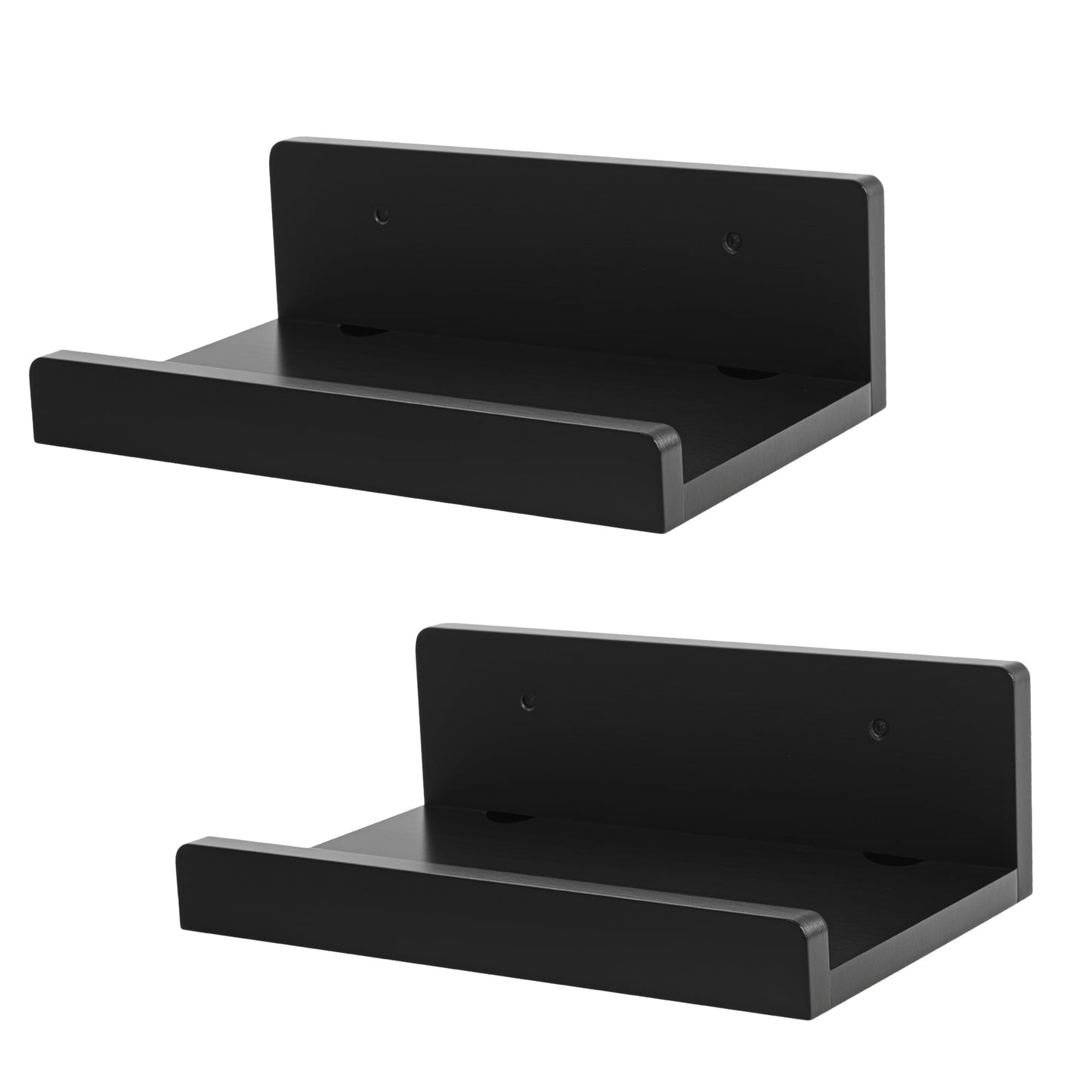 FURAOMEILI Floating Wall Shelves Set of 2, 12-Inch Solid Wood Shelves with Cable Holes, Small Display Shelf for Router, Webcam, Smart Speaker, Camera – Black