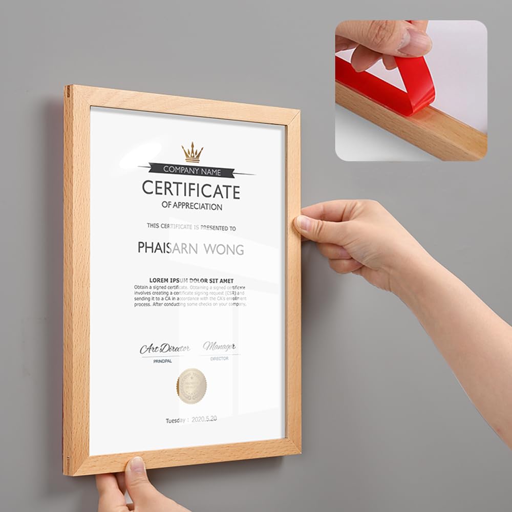 ECKEK Wall Mount Acrylic Sign Holder Self Adhesive Magnetic Display Frame Clear Document Frame for Office, Store, School, Home, Wall Picture Frame (Sapele Wood A5 148×210mm/5.83×8.27inches)