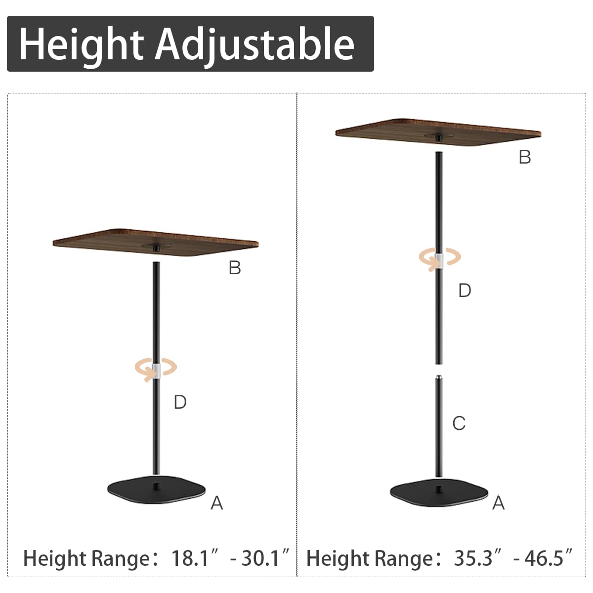 Small Laptop Standing Desk, Adjustable Height Pedestal End Table with Wooden Top, Portable Tall Side Table Workstation, Sit-Stand Desks for Bedside,Sofa,Couch, Living Room, Bedroom, Home Office, Brown