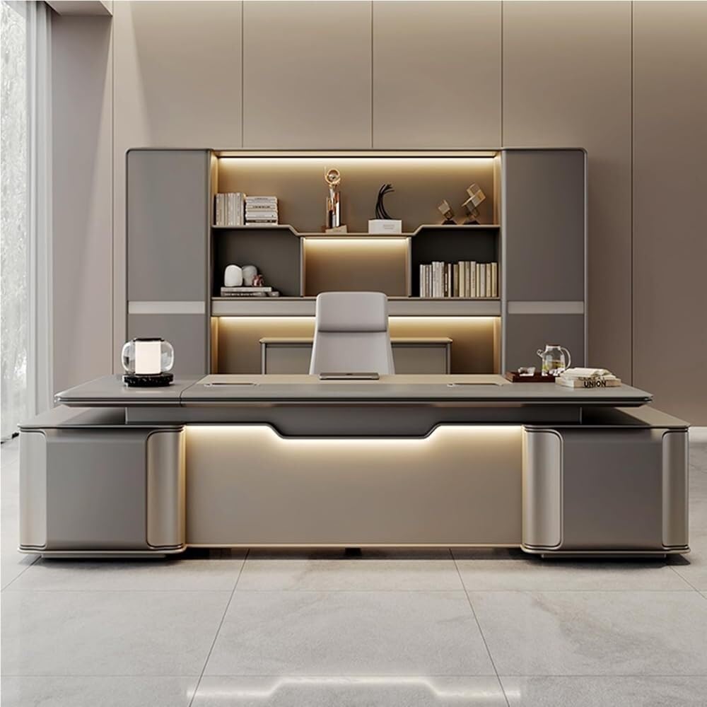 Wood L Shaped Executive Office Desk with Shelves and Storage Cabinet Boss Table for CEO Boss Manager Business Furniture Workstation for Home Office