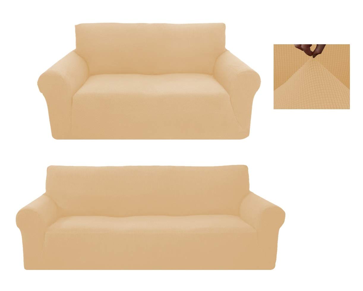 Sapphire Home 2-Piece Sofa and Loveseat Slipcovers, Couch and Loveseat Covers Set, Form fit Stretch, Wrinkle Free, Furniture Protector, Premium Brushed Sofa Covers for Living Room (Beige/Cream)