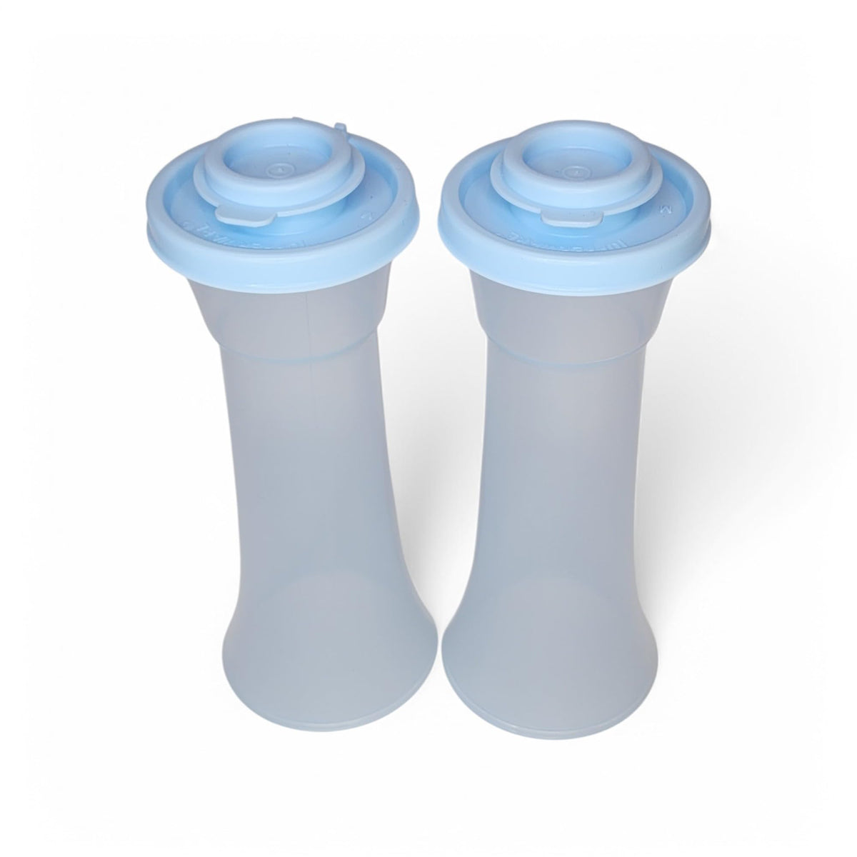 Tupperware Large Hourglass Salt and Pepper Shaker Set Sheer Ice Blue Containers with Ice Blue Seals
