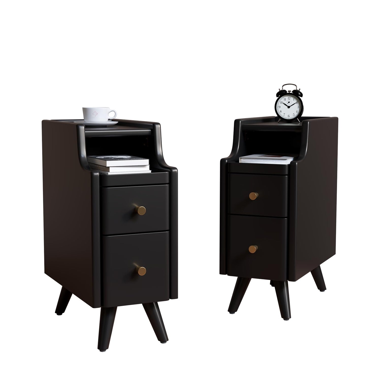 AQIMUELE Narrow Nightstand Set of 2, Small Black Wood Bedside Table with Drawers, End Table for Small Spaces Bedroom