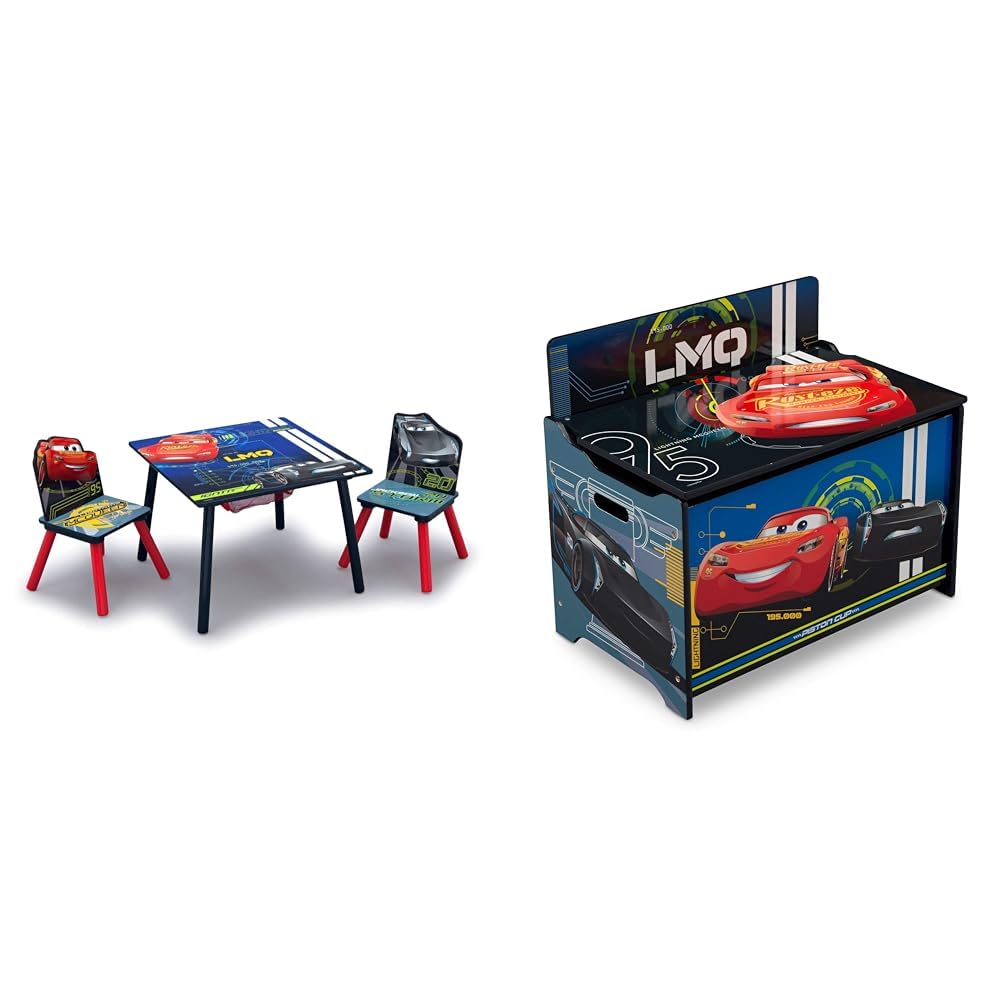 Delta Children Kids Table and Chair Set with Storage (2 Chairs Included) - Ideal for Arts & Crafts, Snack Time, Homework & More, Disney/Pixar Cars, 3 Piece Set & Deluxe Toy Box, Disney/Pixar Cars
