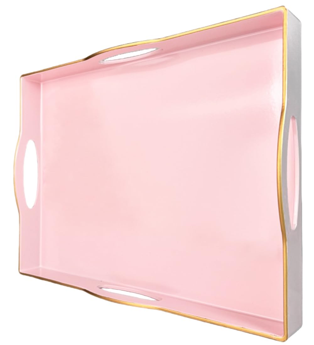 Umisriro Pink Serving Tray with 4 Handles, Plastic Decorative Tray for Coffee Table, Ottoman - Ideal for Living Room & Bathroom. 15” x 11” x 1.9”