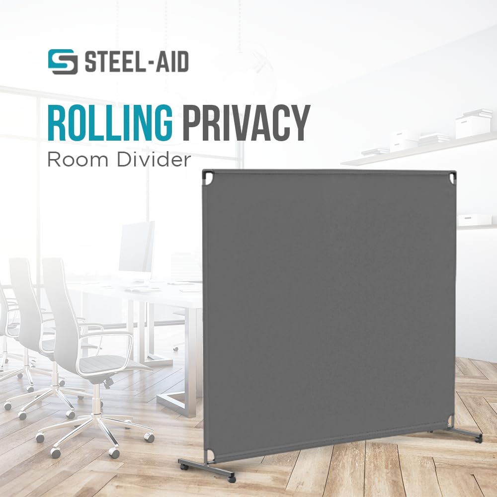 Steel-AID 72-inch Rolling Privacy Room Divider - Freestanding Office Wall Partition with Non See-Through Blackout Screen - Sturdy & Durable Iron Frame - Rolling Wheels - Black, White, Gray & Blue