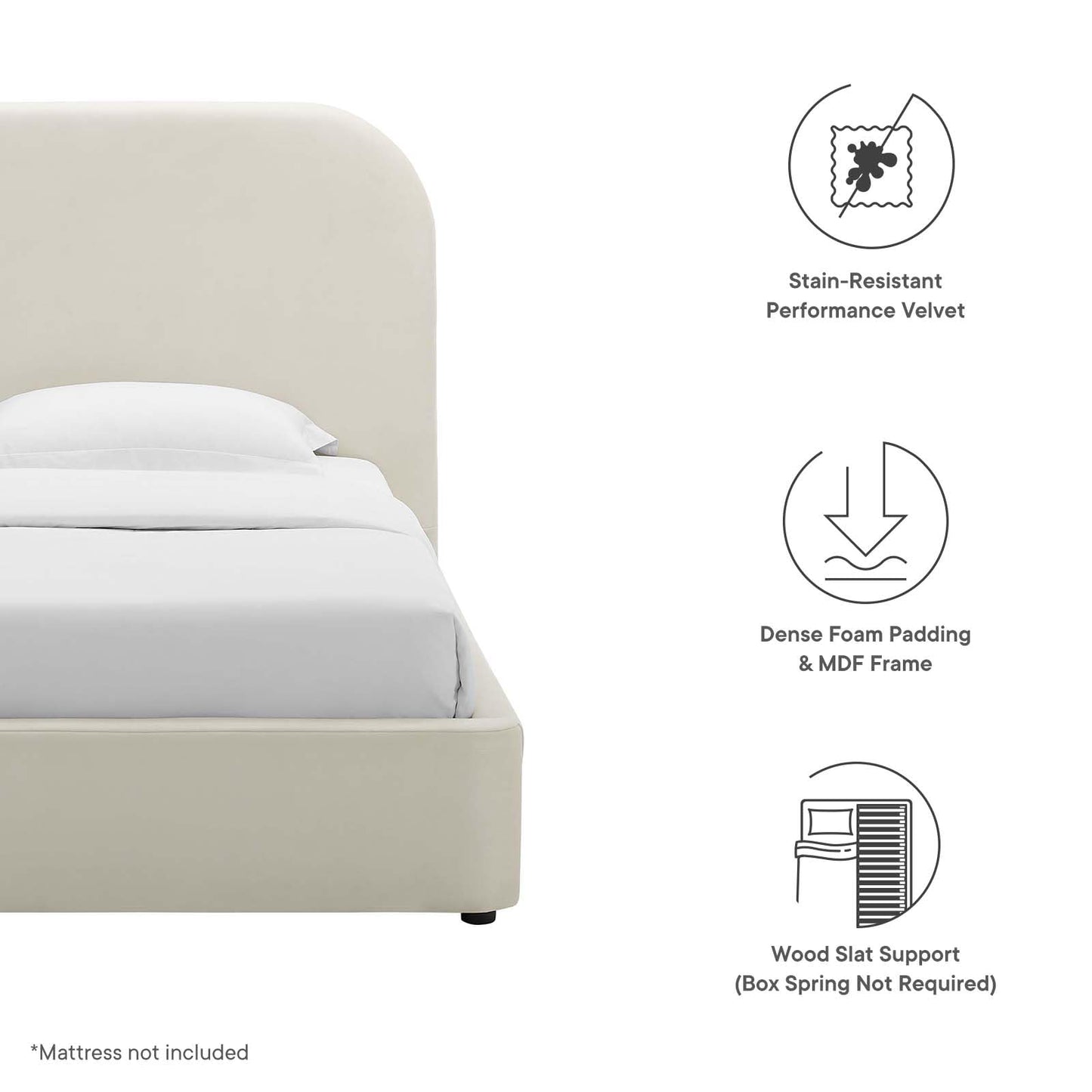 Modway Keynote Modern Bed Frame, Twin Size with Curve Shaped Headboard in Alabaster